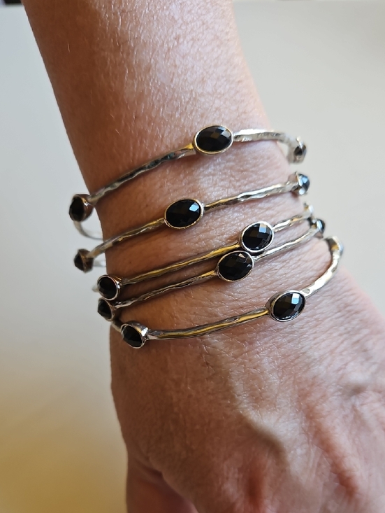 Source Unknown Jewelry - Stackable Silver-Tone Bracelets with Black Faceted Faux Gemstones Set Of 5